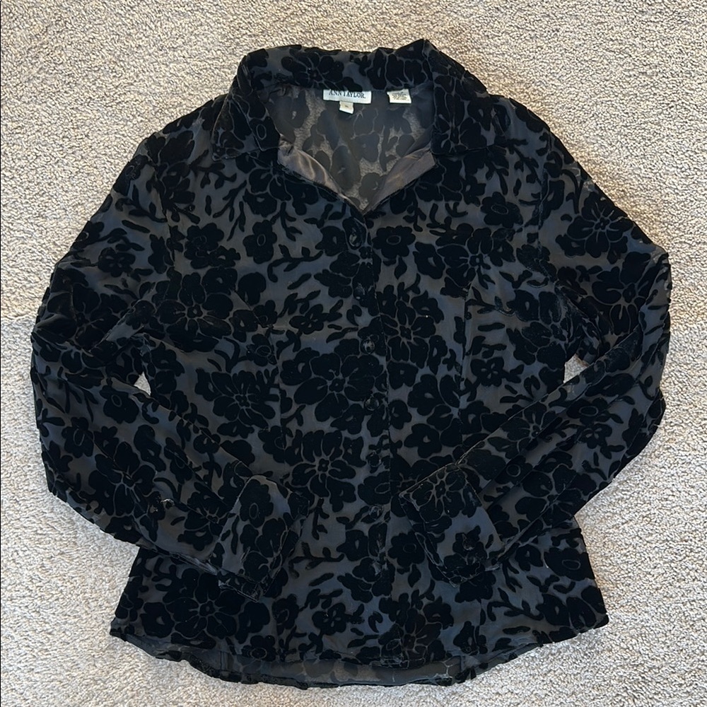 Ann Taylor Black Button Down Floral Lace Shirt